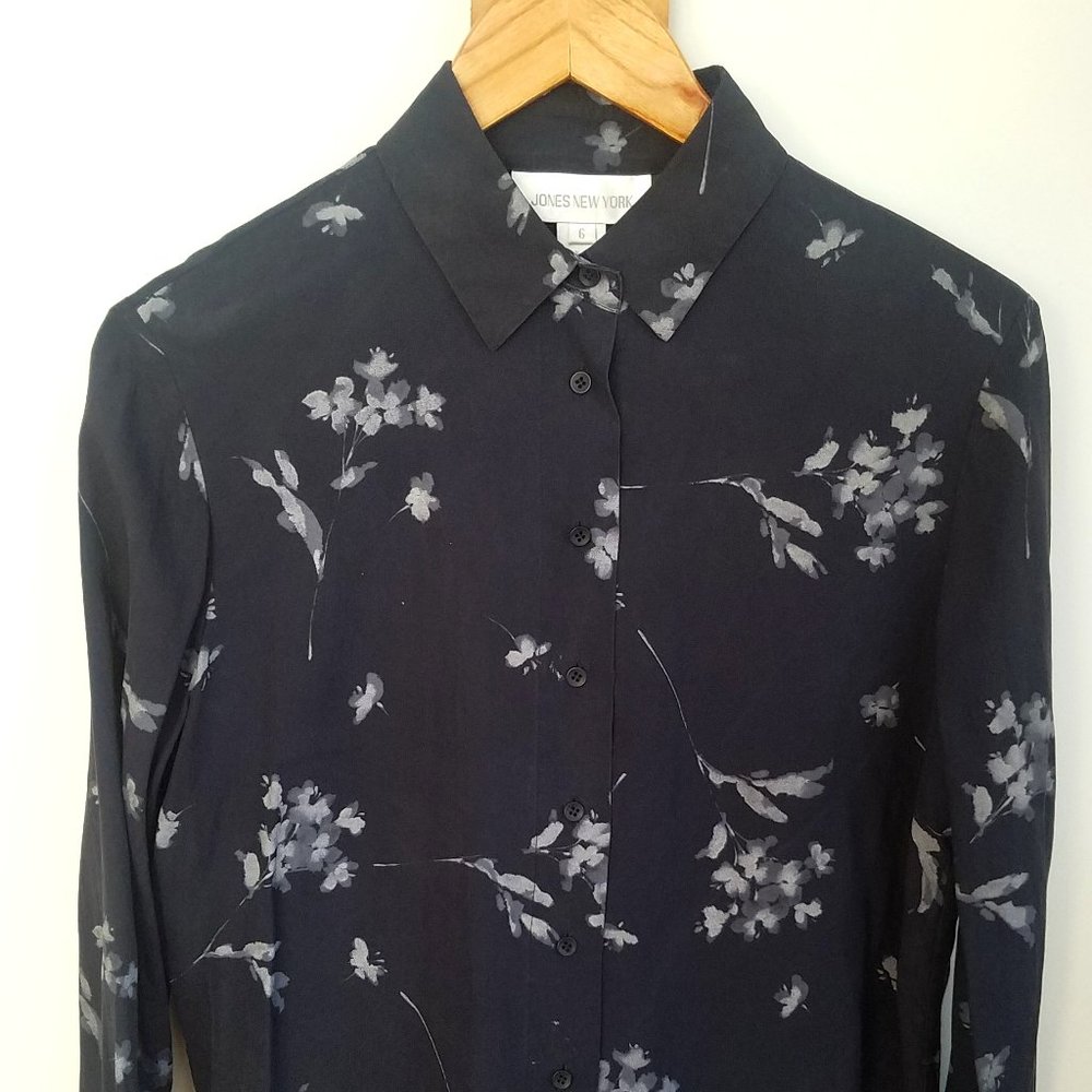 100% Silk button up- dark florals, Size 6
